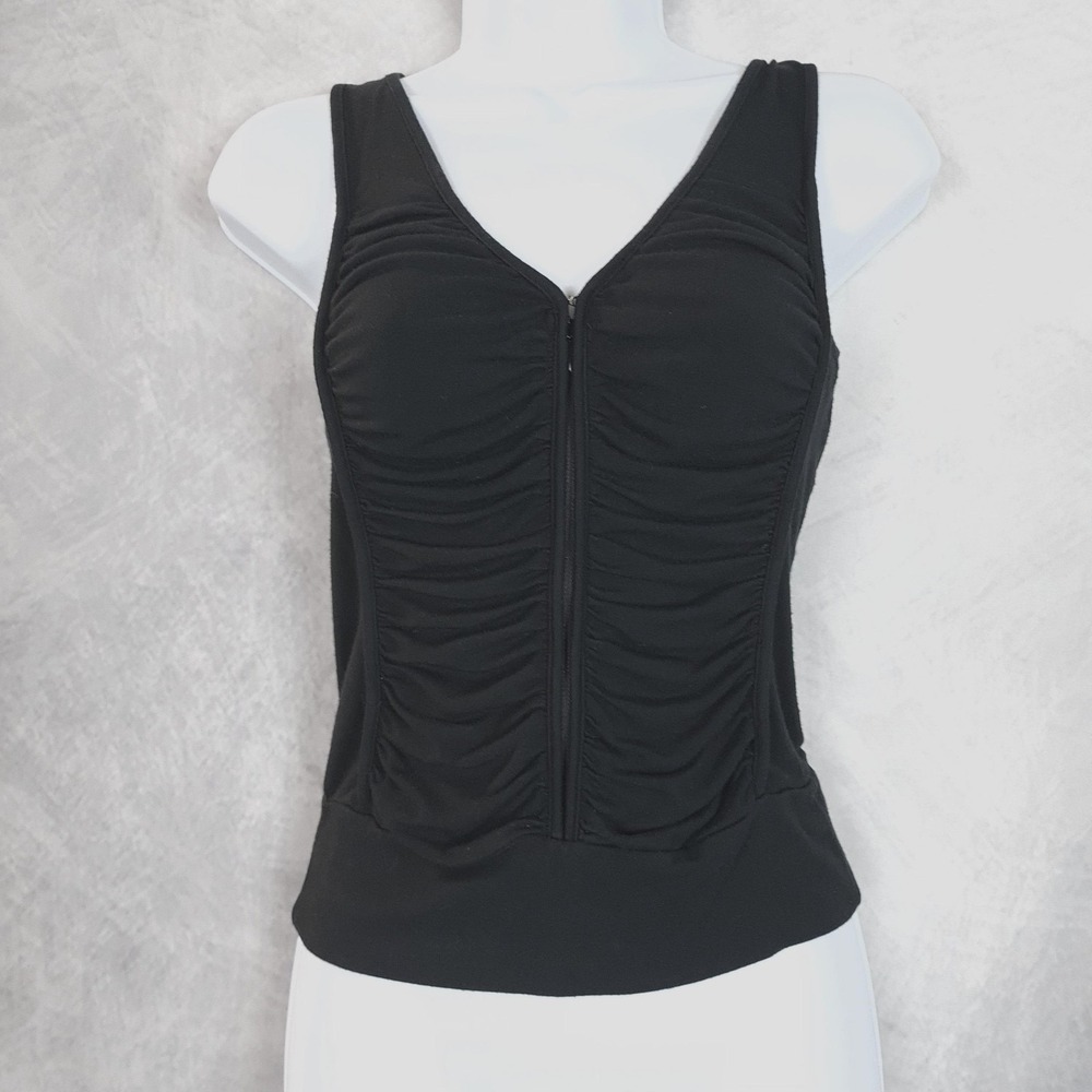 Vntg Y2K Express Tank Top Womens Small V Neck Ruched Zip Front Romantic Goth